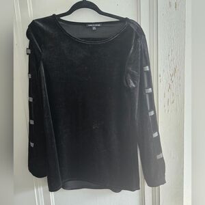 Black Velvet Long Sleeve Top With Sleeve Cut Outs